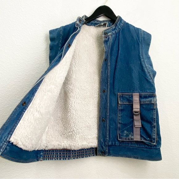 Vintage SPORTWORKS Sherpa Lined Unisex Utility Denim Vest Size M - Picture 5 of 9